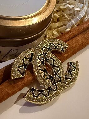 Fashion Jewelry Gold and Black Crystal Interlocking Logo Brooch